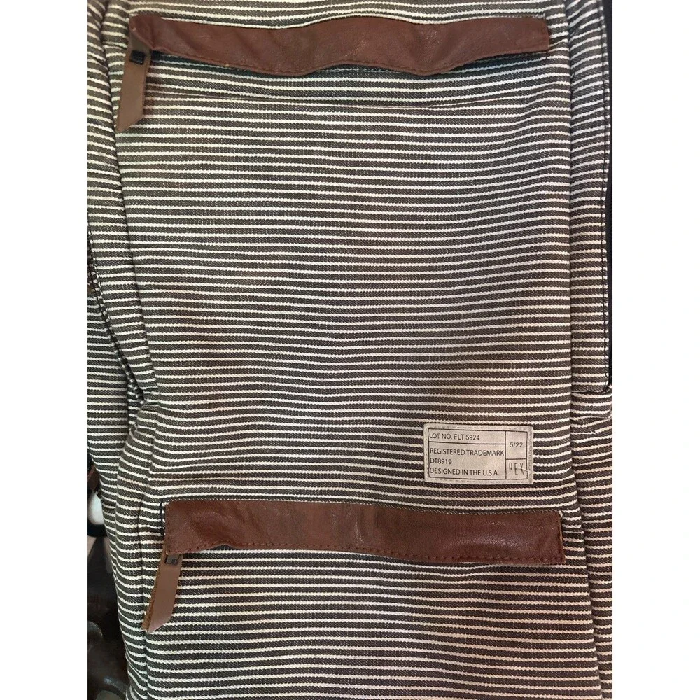 HEX Fleet Sonic Laptop Backpack Canvas Brown Cream Stripe Leather Trim Max 15